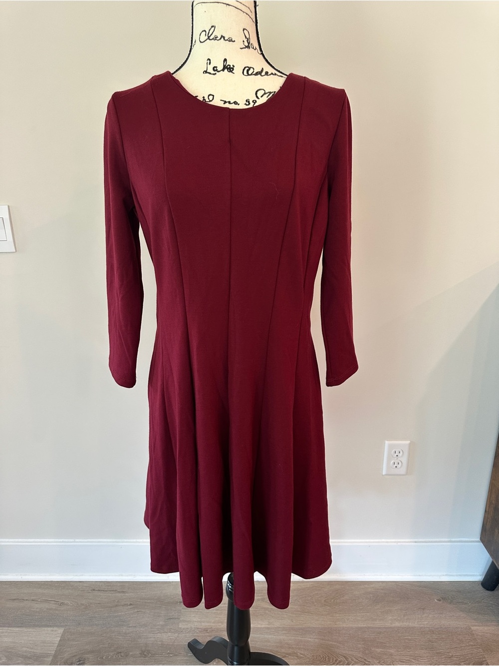 Cupio Burgundy Long-Sleeve Fit & Flare Dress size M soft comfy